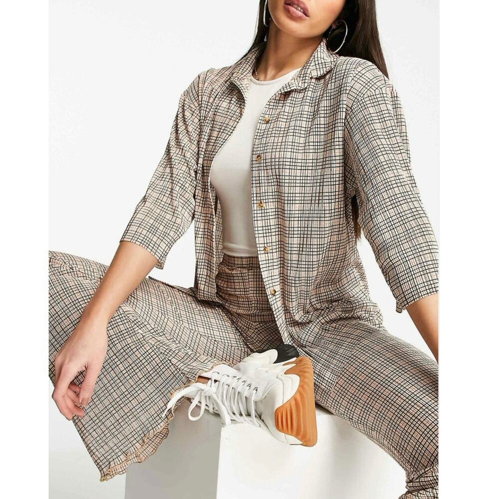 NEW Topshop Tan Plaid Checkered Plisse Button Up Shirt Top  & Flared Pants Set 0